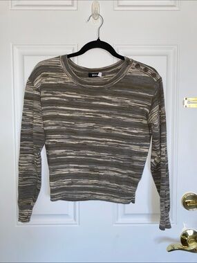 BDG 100% Cotton Olive and Cream Striped Button-Shoulder Crewneck Sweater